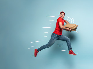 Courier runs fast to deliver quickly pizzas. Cyan background