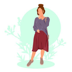 beautiful young girl isolated on white background. Stock vector illustration of a girl wearing a sweater and skirt.The teenager is made in the  flat style of