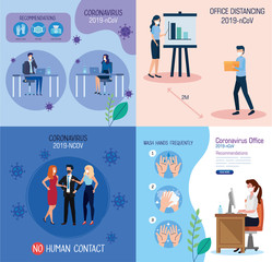 Fototapeta premium set banners of recommendations of 2019 ncov at office vector illustration design