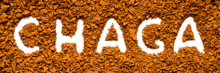 chaga mushroom. handwritten text chaga in a background of a pile of small fragments of birch fungus...