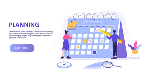 People planning schedule and calendar concept. Entrepreneurship, marketing and calendar schedule planning. Business meeting and events organizing. Landing page template. Isolated vector illustration