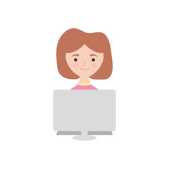 stay at home concept, cartoon woman using a computer icon, flat style