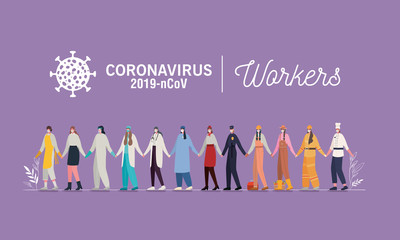 Women avatars with medical masks and uniforms vector design