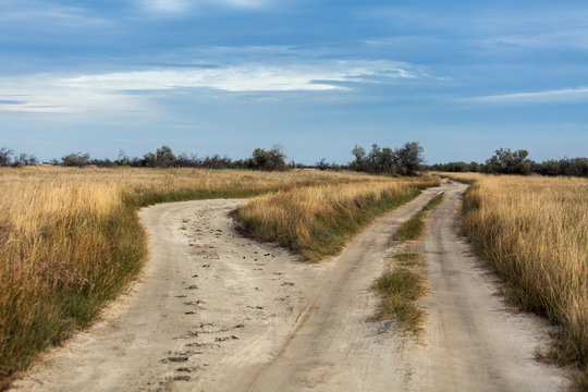 Two country roads in the southern steppe, grassland by Black sea, Ukraine