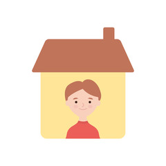 stay at home concept, man inside the house icon, flat style