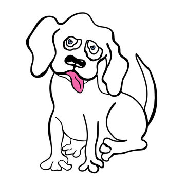 The dog is made in doodle style. Puppy illustration.Little dog made in cartoon style.Line drawing isolated on white background.Dog with pink tongue. Dog with pink tongue. for your logo