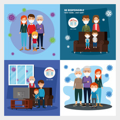 set scenes of stay at home campaign with families vector illustration design