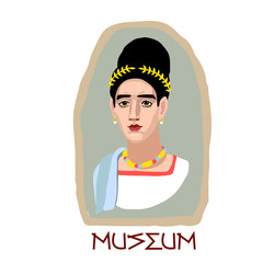 Fayum funeral portrait of a young cute brunette girl with gold jewelry, museum archaeological exhibit, color vector illustration in cartoon, flat & hand drawn style isolated on a white background