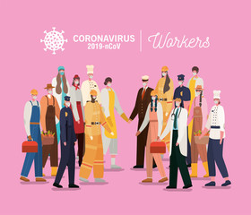 Women and men avatars with medical masks and uniforms vector design