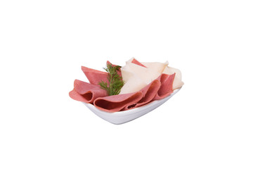 Salam.  Salam on white plate on white background. Breakfast menu.