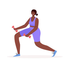 Woman in sportswear doing lunges with dumbbells for beautiful thighs and buttocks in Gym. Woman activities. Healthy lifestyle, Fitness , Workout, Wellness Concept. Cartoon flat vector illustration.