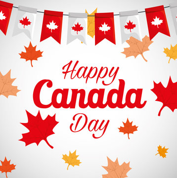 happy canada day with maple leafs decoration vector illustration design