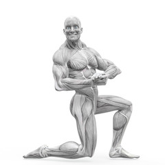 Fototapeta na wymiar muscleman anatomy heroic body doing a bodybuilder pose five in white background