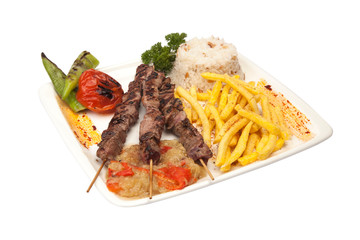 Turkish shish kebab, with rice fries, pepper, eggplant
