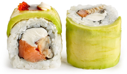 Sushi roll with avocado, salmon and eel