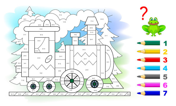 Math education for little children. Coloring book. Mathematical exercises on addition and subtraction. Solve examples and paint the train. Developing counting skills. Printable worksheet for kids.