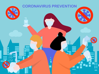 Flat design people cleaning sanitiser spray and washing hand by hand wash soap, protection from coronavirus or covid-19, group of people avoid from coronavirus by hygiene, text coronavirus prevention 