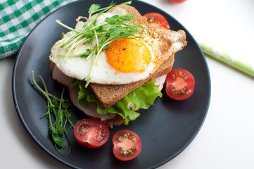 Fototapeta na wymiar Sandwich with fried egg, meat, tomatoes, peas sprouts and salad. Breakfast on a black plate. Top view
