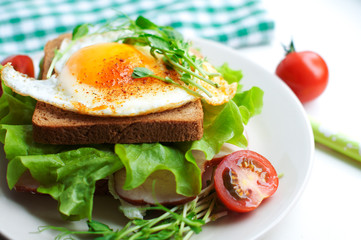 Sandwich with fried egg, meat, tomatoes, peas sprouts and salad. Breakfast on a white plate on white background.