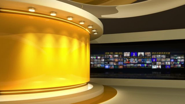 Tv studio. News room. Studio. Yellow background. Newsroom bakground. Control room. Backdrop for any green screen or chroma key video production. Blurred of studio at TV station. Loop. 3D rendering. 