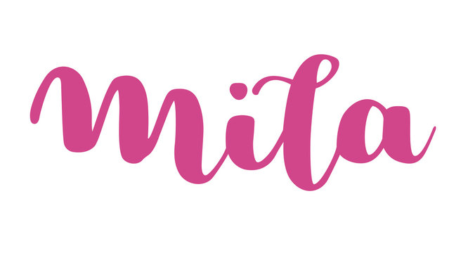 German spelling of the female name Mila. German lettering. Deutsch spelling. Calligraphy female name, isolated over white.