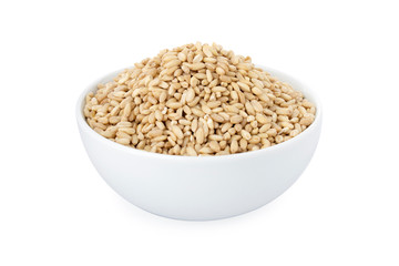 Cracked Wheat, cracked Wheat in white bowl, on white background (Tr- dovme, yarma, yarma bugday)