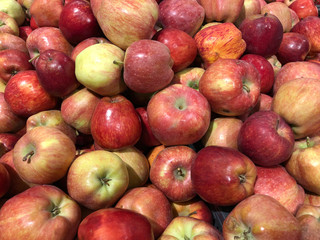Close-up red-yellow apples in a supermarket, food and retail concept