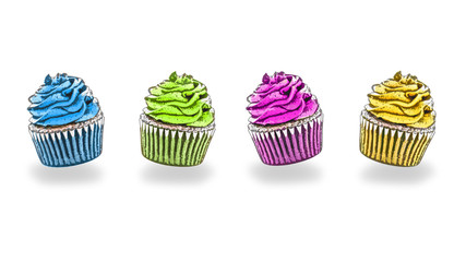 Illustration of four colourful cup cakes bouncing / floating with a soft drop shadow. The cupcakes are blue, green, pink and yellow.