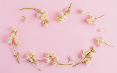 Obraz na płótnie Canvas Delicate pastel pattern with jasmine flowers. Flat lay. Top view