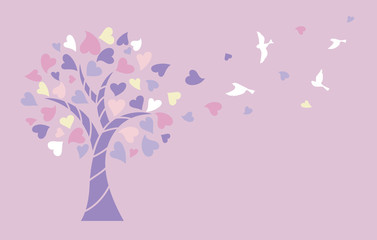 Love tree with heart leaves and bird