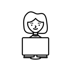 stay at home concept, cartoon woman using a computer icon, line style