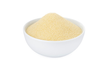 Semolina in a white bowl, on white background
