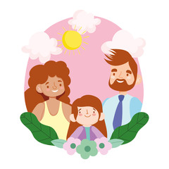 Mother father and daughter with leaves and flowers vector design
