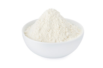 Fototapeta na wymiar Flour in white bowl, on white background 
