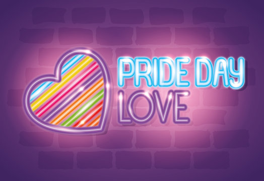 pride day neon light with heart of rainbow colors vector illustration design