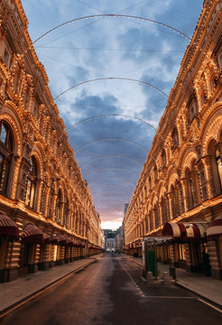 Empty illuminated street near Red Square and Kremlin, Moscow, Russia