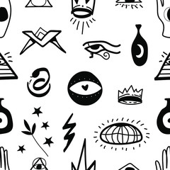 Occult mystic emblems, graphic design tattoo. Esoteric signs alchemy, decorative style. Transparent background.Design for poster, card, invitation, placard, brochure.