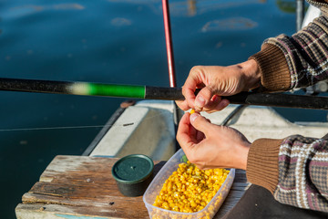 Close up of hands setting corn as bait on fishing hook. Man is holding fishing rod and line with...