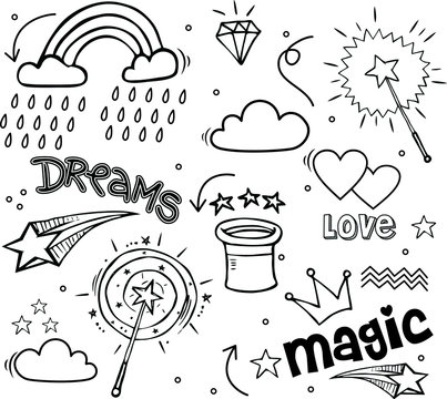 Set of hand drawn illustrations of a magic wand, diamond, dreams and other magic attributes.  Vector illustration 