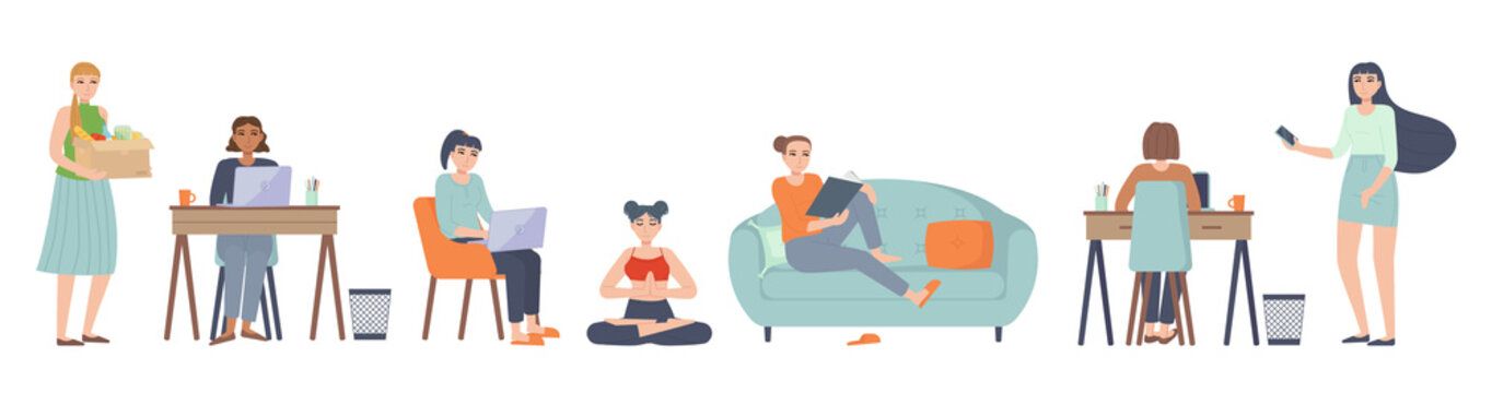 leisure activities character set. Sitting on sofa,couch with laptop, reading, learning, working at home, meditation. Home, indoor hobby and lifestyle, relaxation lasttime concept. Stock vector