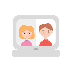 stay at home concept, laptop computer with family video call, flat style