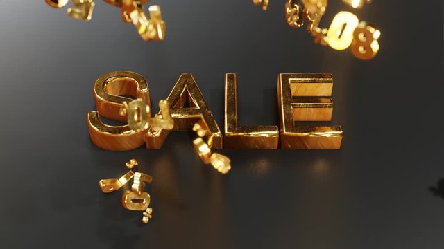 The gold lettering SALE appears on a dark background. Gold discounts 10,20,30,40,50. 60,70,80,90 fall on the inscription and repel. Realistic 3D animation. Loop 4K