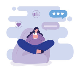 Woman with smartphone on puf chatting vector design