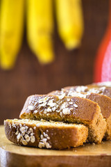 homemade vegan bread without lactose or animal products. Banana flavor. Healthy vegan life concept.