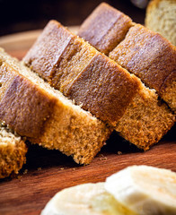 homemade sliced ​​vegan bread, without lactose or animal products. Banana flavor. Healthy vegetarian life concept.