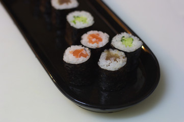 Closeup of a plate with some pieces of sushi, japanese food