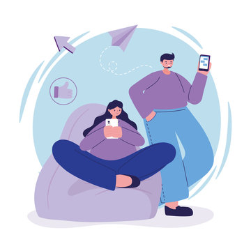 Woman and man on puf with smartphone chatting vector design