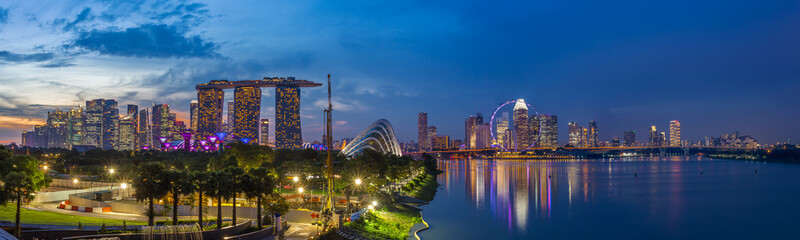 Panorama landscape aerial view of Singapore business district and city at twilight in Singapore, Asia. Singapore skyline