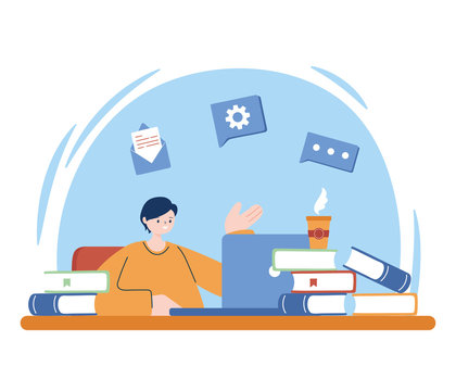 Man with laptop and books on desk vector design