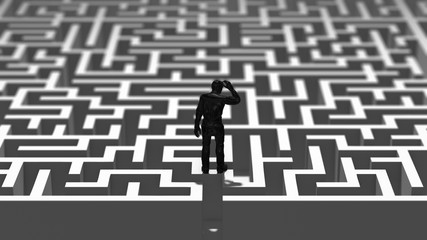 Difficult challenge of man person lost stuck in maze labyrinth - 3D illustration render
